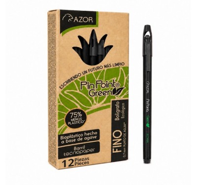 Boligrafo punto fino negro con 12 piezas pin point green (ecologico) 7 mm Azor